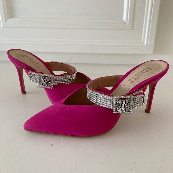 NWOT Anthropologie Schutz Nobuck Pink Jeweled Pointed Toe Heeled Mules Sz 5 - Picture 1 of 7